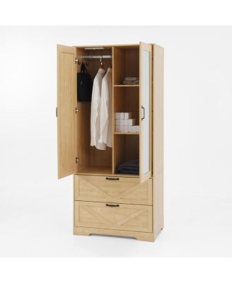 2-Door Wood Wardrobe with Hanging Rod, 2 Drawers, Mirror & Light