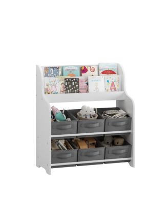 Kids Bookshelf with 6 Fabric Bins, Multi-Functional Bookcase & Toy Organizer - White/Gray