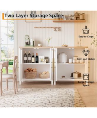 Sideboard Cabinet with 2 Glass Doors and Drawers, 29" Buffet with Solid Wood Top, White