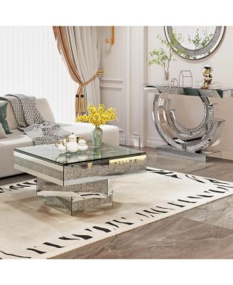   Modern Glam Mirrored Coffee Table with Acrylic Diamond Accents