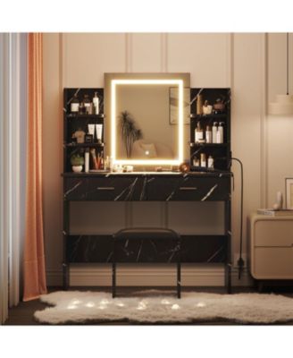Vanity Desk with Mirror and Lights, Makeup Vanity Set with Desk and Stool, Black