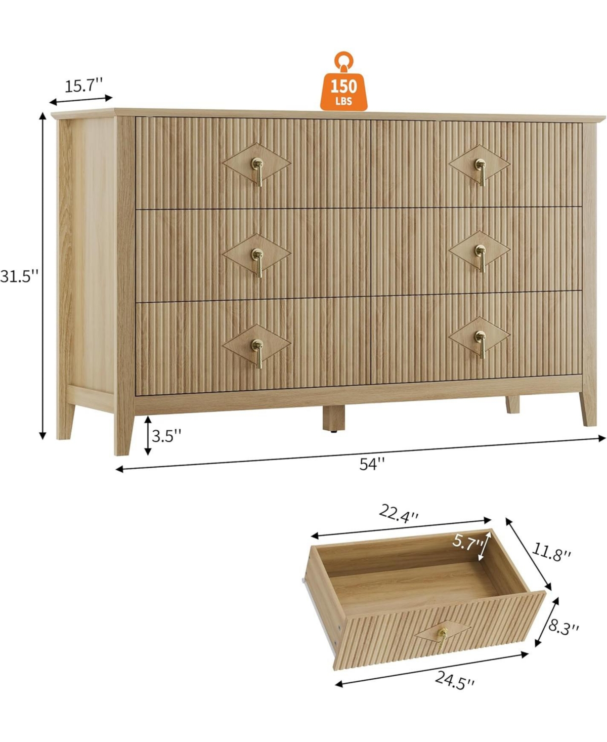 gaomon 54" Wide Fluted Dresser, 6 Drawer Modern Wood Storage Chest for Bedroom or Entryway