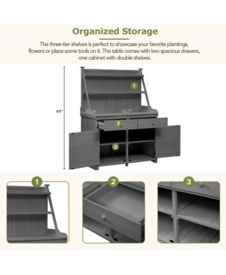 65 Inch Fir Wood Potting Bench with Drawer and Cabinet Storage
