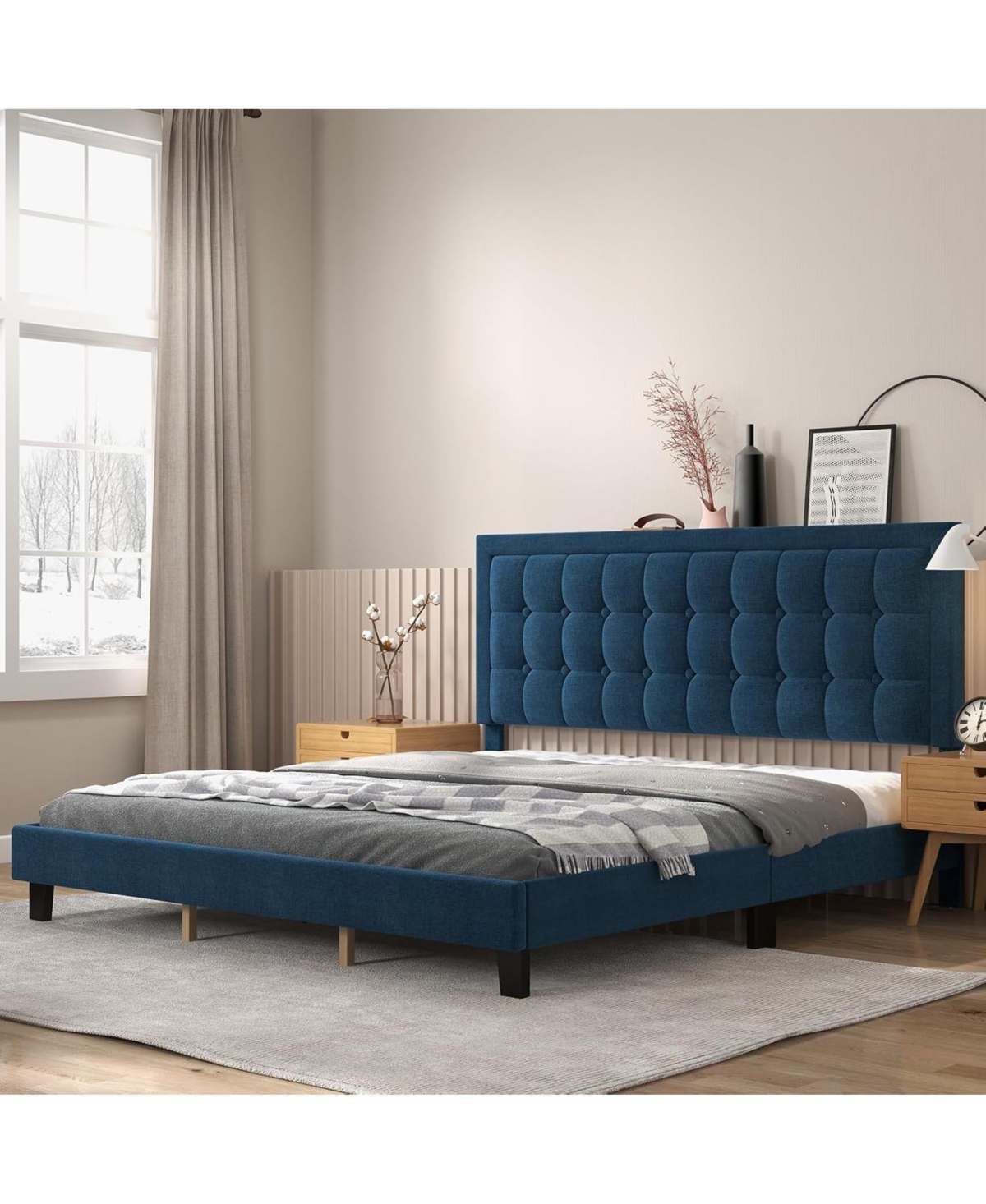 gaomon Bed Frame with Upholstered Button Tufted Headboard - Blue Bed Frame with Wood Slat Support, No Box Spring Needed