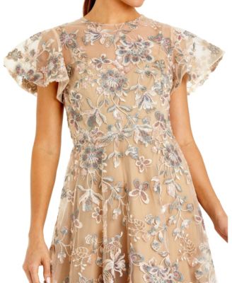 Women's Embroidered Floral Mesh A-Line Midi Dress