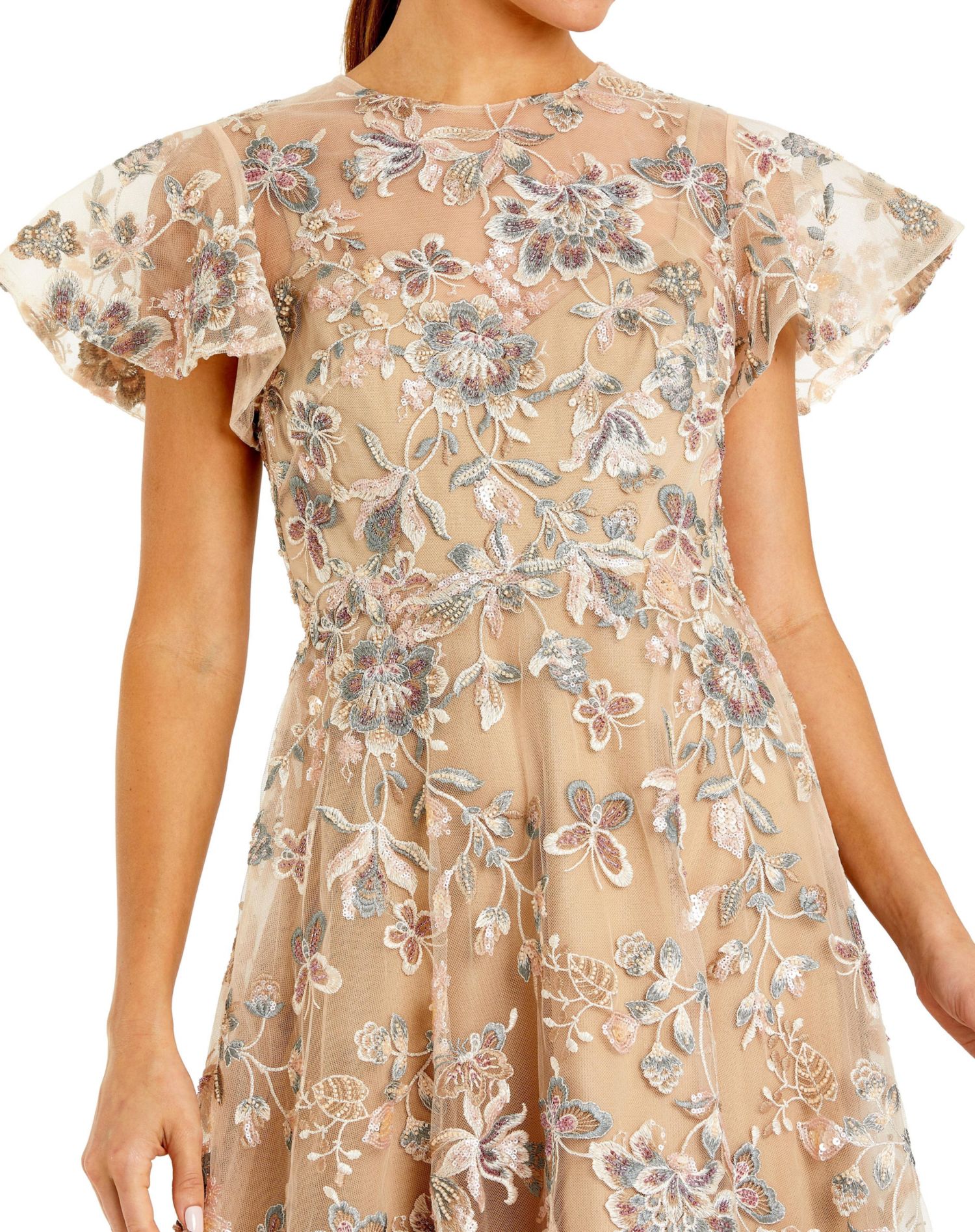 Women's Embroidered Floral Mesh A-Line Midi Dress