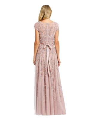 Women's Floral Embellished Short Sleeve Mesh Gown
