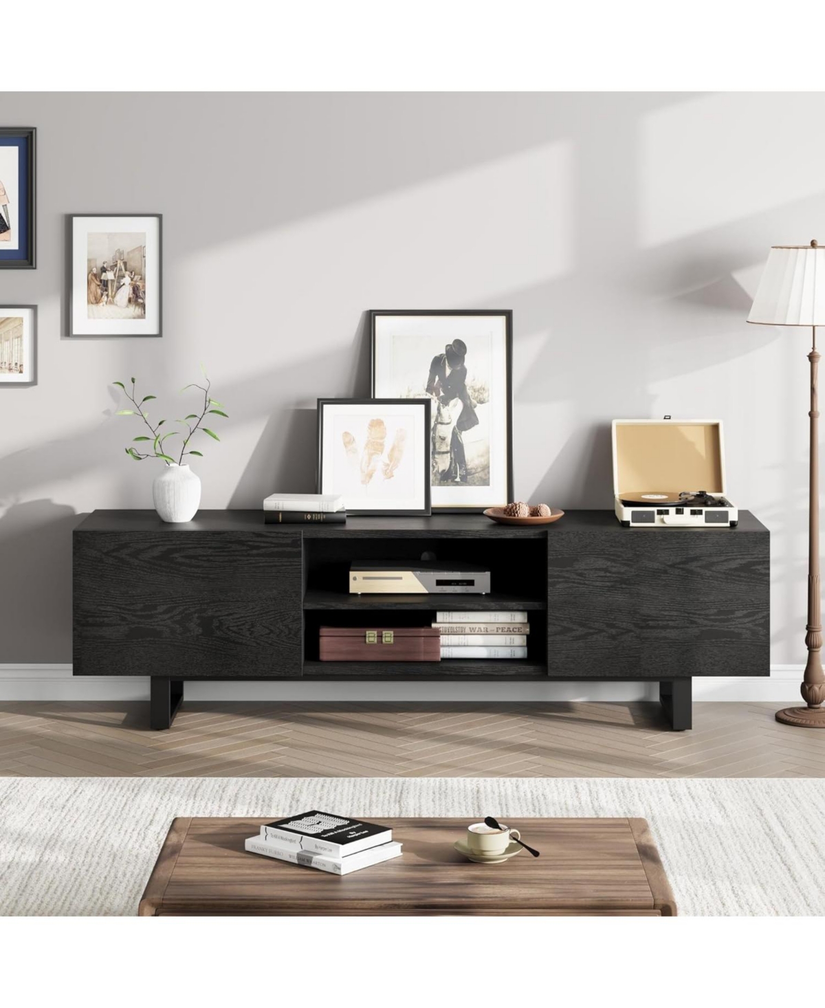 gaomon Tv Stand for 80 Inch Tv, Industrial Entertainment Center with Drawers, Open Storage & Metal Legs, Black