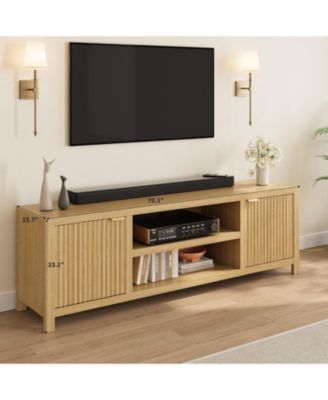 Fluted TV Stand for 80 Inch TV, Modern Entertainment Center with Storage & Gold Handles, Beige/Khaki