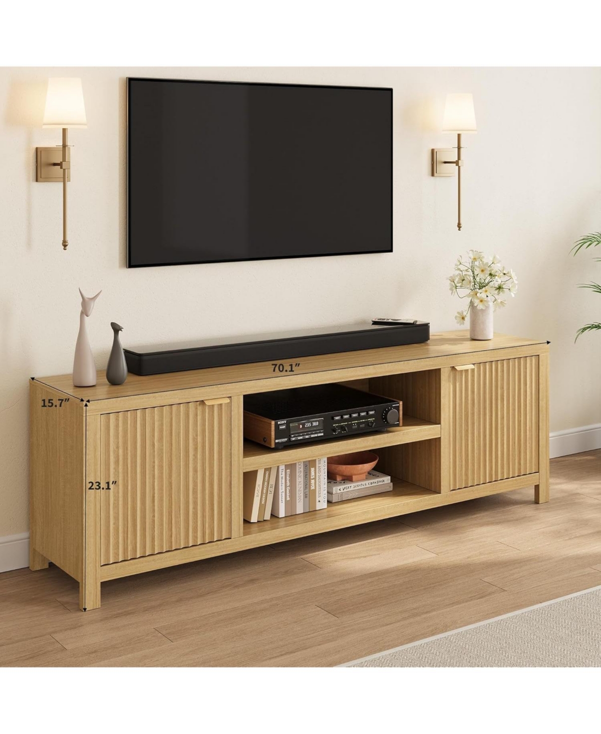 gaomon Fluted Tv Stand for 80 Inch Tv, Modern Entertainment Center with Storage & Gold Handles, Beige/Khaki