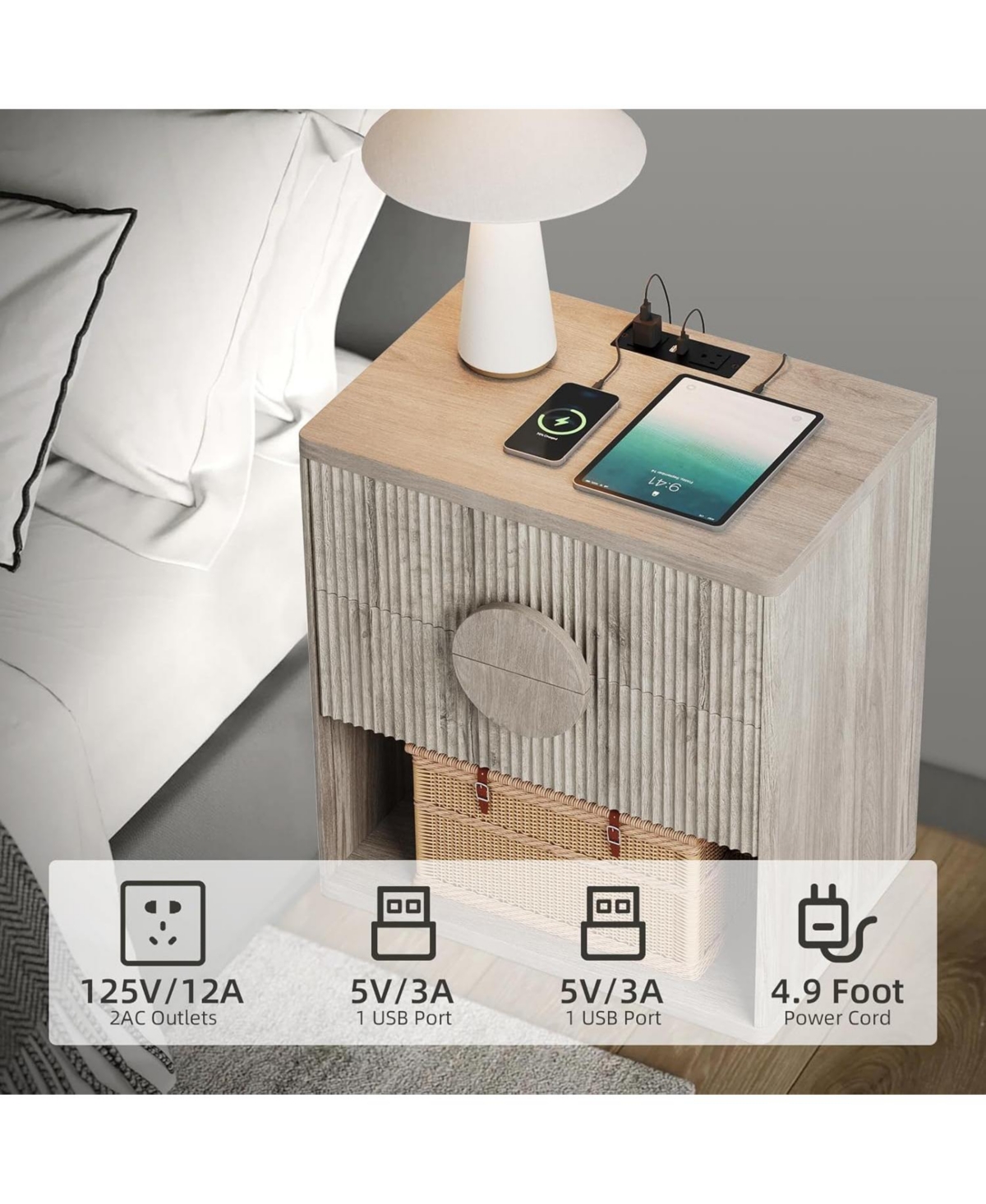 gaomon Nightstand Set of 2 with Charging Station, Fluted 2-Drawer End Tables with Open Storage for Bedroom, Grey