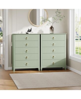 43" Tall Fluted Dresser, 5 Drawer Modern Wood Storage Chest for Living Room or Entryway, Green