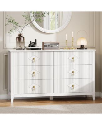 54" Wide Fluted Dresser, 6 Drawer Modern Wood Storage Chest for Bedroom or Entryway, White