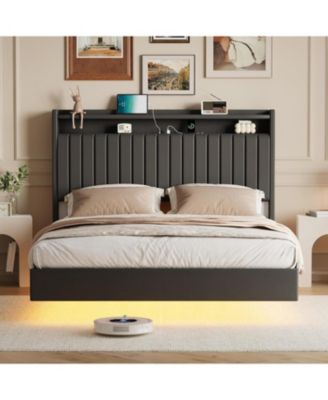 Full Floating Bed Frame with LED Lights & Charging Station, Upholstered PU Leather Platform Bed Frame with Storage Headboard - Queen