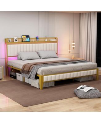 Bed Frame with Charging Station and Storage Headboard, Faux Leather Upholstered Metal Platform Bed, USB Port - King