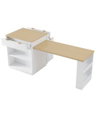 Fluted Kitchen Island with Extendable Dining Table, Power Outlet & Storage