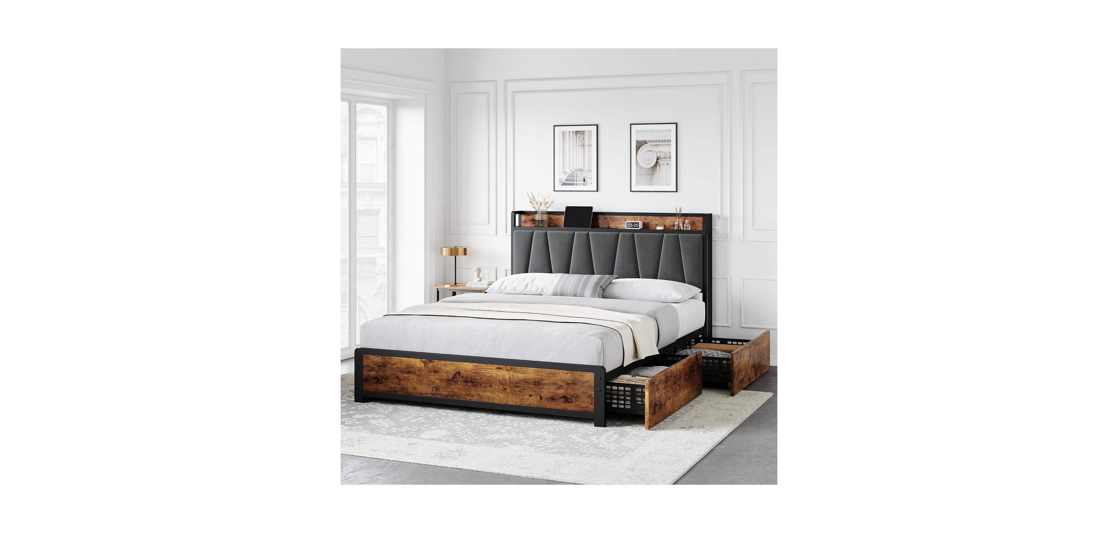 gaomon Bed Frame, Storage Headboard with Charging Station, Platform Metal Frame 4 Drawers, No Box Spring Needed