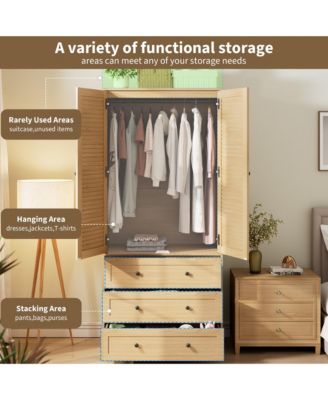 Armoire Wardrobe Closet with Drawers, 69.5" Wooden Wardrobe Cabinet with Hanging Rod & Doors