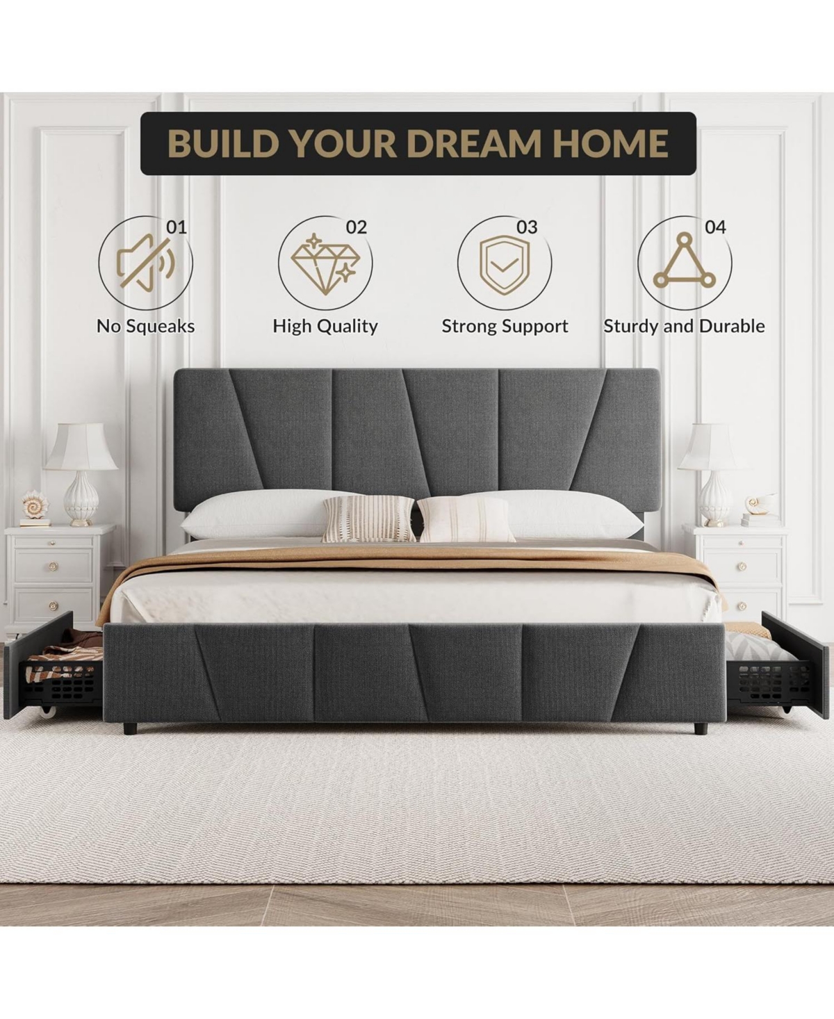 gaomon Bed Frame with Adjustable Headboard and 4 Storage Drawers, Soft Upholstered Platform Frames Wooden Slats Support