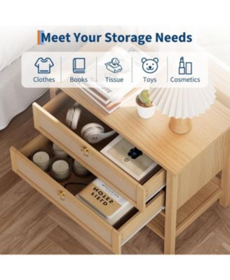 Rattan Nightstand Set of 2, Boho Bedside Tables with 2 Rattan Drawers & Large Storage, Brown