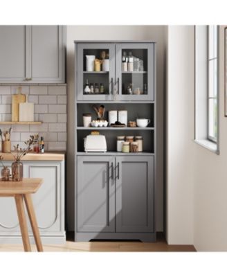 67" Tall Storage Cabinet, Freestanding Bathroom Cabinet with Glass Doors and Adjustable Shelves, Kitchen Pantry, Grey