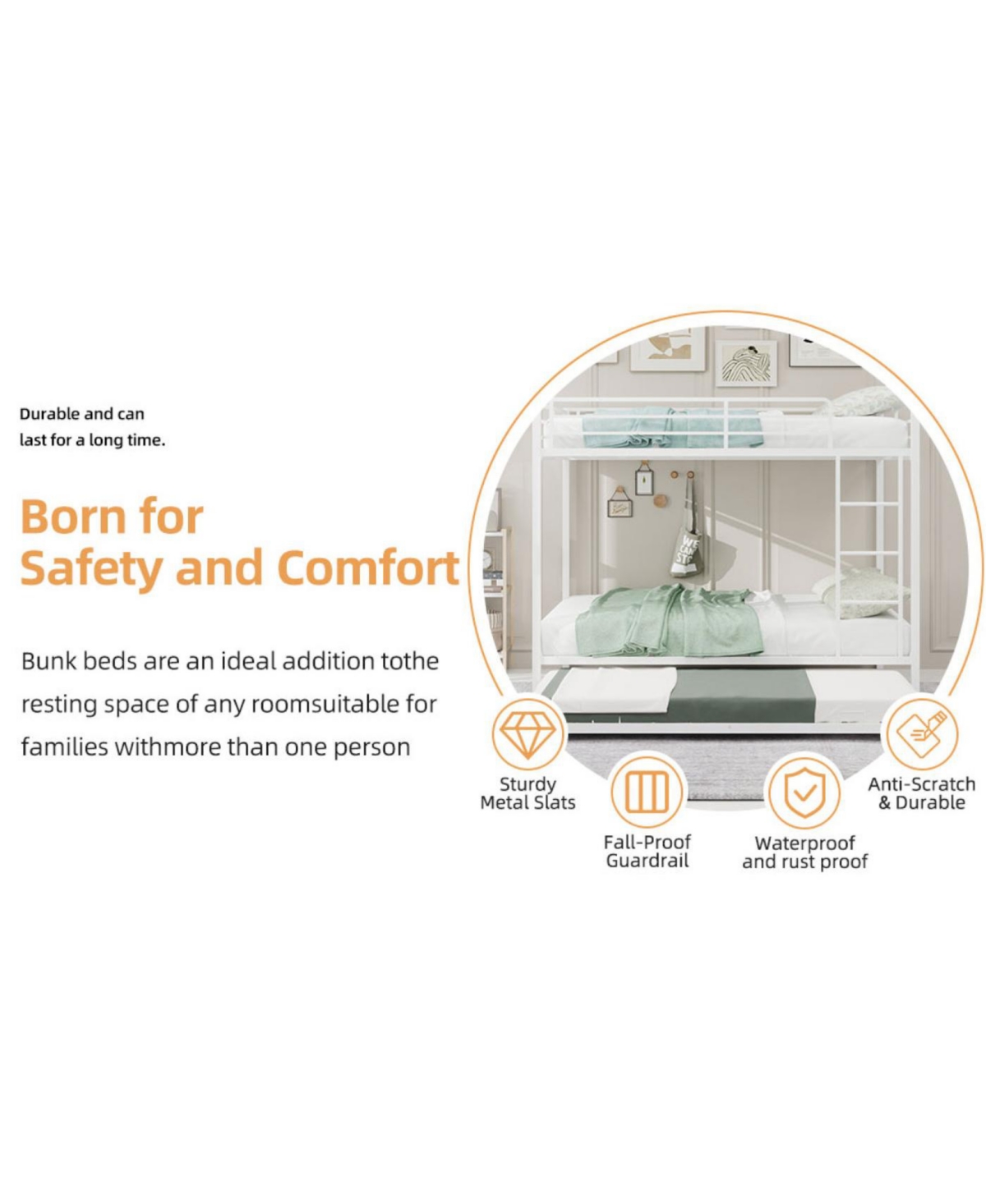 Streamdale Furniture Durable Square Tube Iron Bunk Bed with Safety Rails