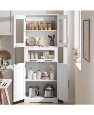 67" Tall Bathroom Storage Cabinet with Glass Doors, Adjustable Shelf & Drawer for Small Spaces, White