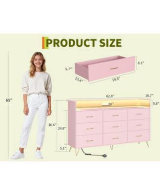 9-Drawer Tall Dresser with RGB Lights & Charging Station, App-Controlled LED Wooden Storage Chest, Pink