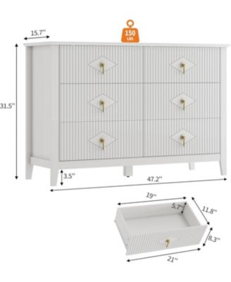 47" Wide Fluted Dresser, 6 Drawer Modern Wood Storage Chest for Bedroom or Living Room, White