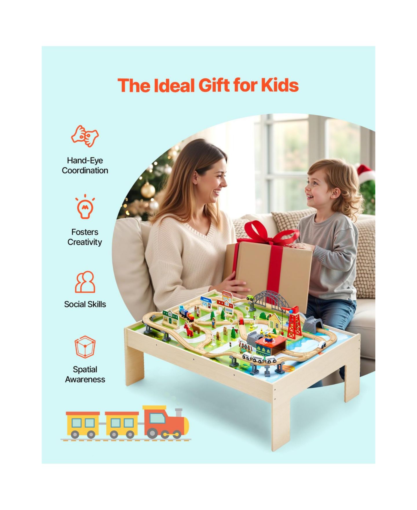 Детские игрушки Slickblue Train 120-Piece Wooden Activity Table with Collapsible Storage, цвет: Натуральный — фото 4