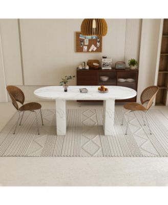  62.9" Oval Marble Dining Table, Wood Base, Modern Farmhouse