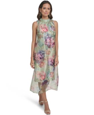 Women's Printed Overlay Mock Neck Midi Dress