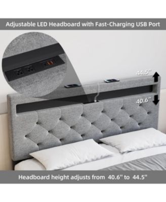 Size Bed Frame with RGB LED Lights and Charging Station, Upholstered Platform Bed with Adjustable Headboard - Queen