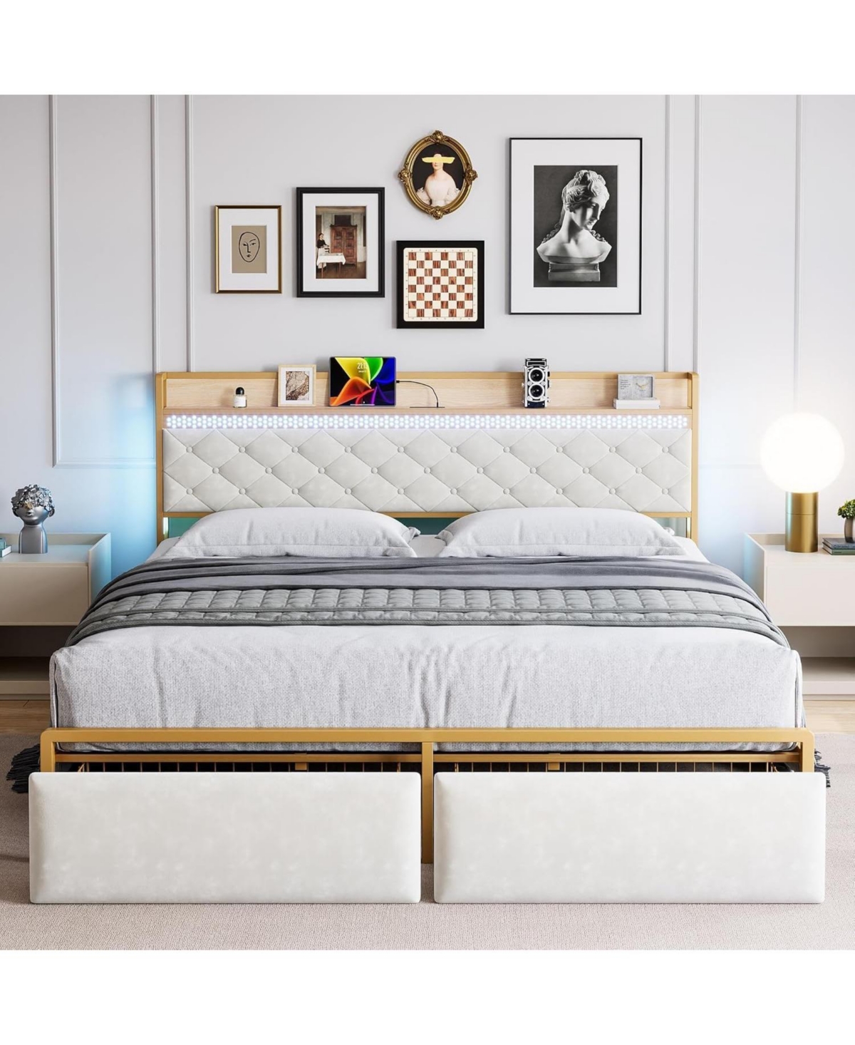 Gaomon Led Platform Bed Frame with Storage Drawers, Noise-Free Support with Wood Slats, Gold Metal Frame with Beige Fabric Fabric