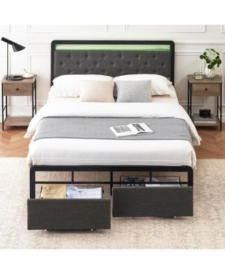 Queen Upholstered Bed Frame with LED Lights & 2 Storage Drawers &acirc;€“ Metal Platform, Tufted Headboard, Grey