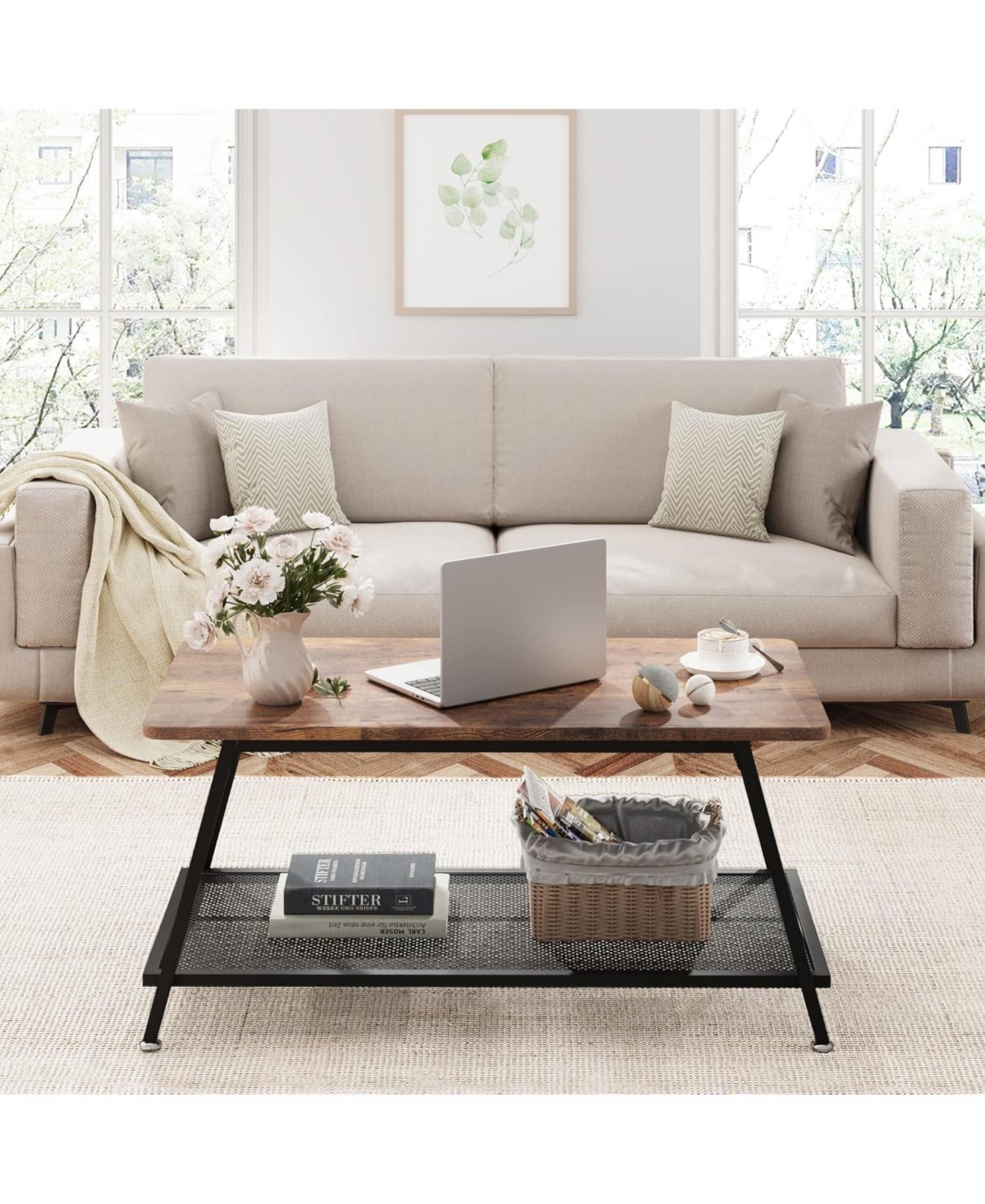 gaomon Coffee Table Industrial Center Table 2-Tier Living Room with Mesh Shelf Rectangle Wood Cocktail Table Metal Frame, Easy to Assemble