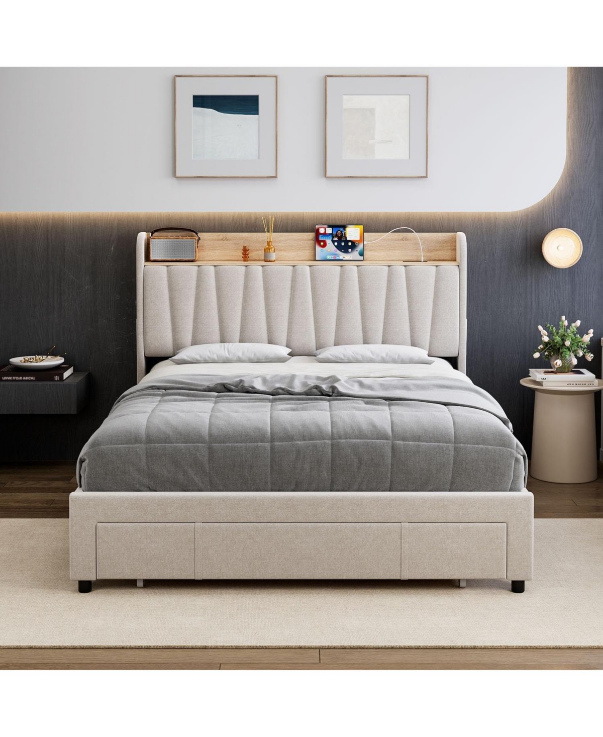 gaomon Upholstered Bed Frame with Storage Headboard and Charging Station, Platform Bed Frame with Drawers, Heavy Duty