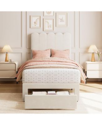 Twin Bed Frame with Drawer, Velvet Upholstered Platform Bed with Wave Headboard for Kids/Girls, Wooden Slats Support, No Box Spring Needed