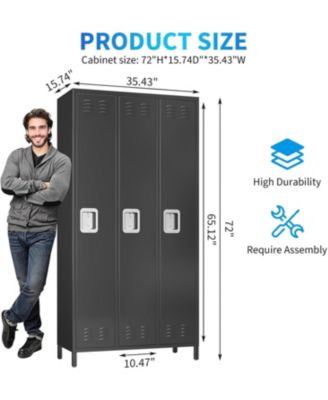 72" Tall 3-Door Metal Office Storage Cabinet with Hooks and Shelves, Steel Locker Cabinet for Office or Gym