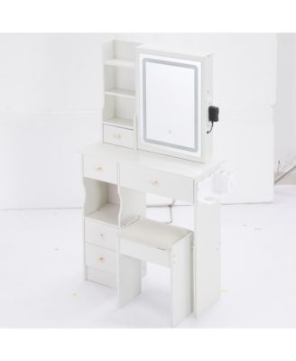 2-Piece Wood Vanity Table Set with Drawer, Cushioned Stool, LED Mirror, Power Outlets, Hairdryer Holder