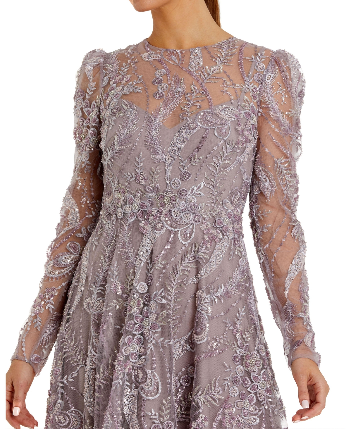 Mac Duggal Women's Floral Embroidered High Neck Long Sleeve Dress