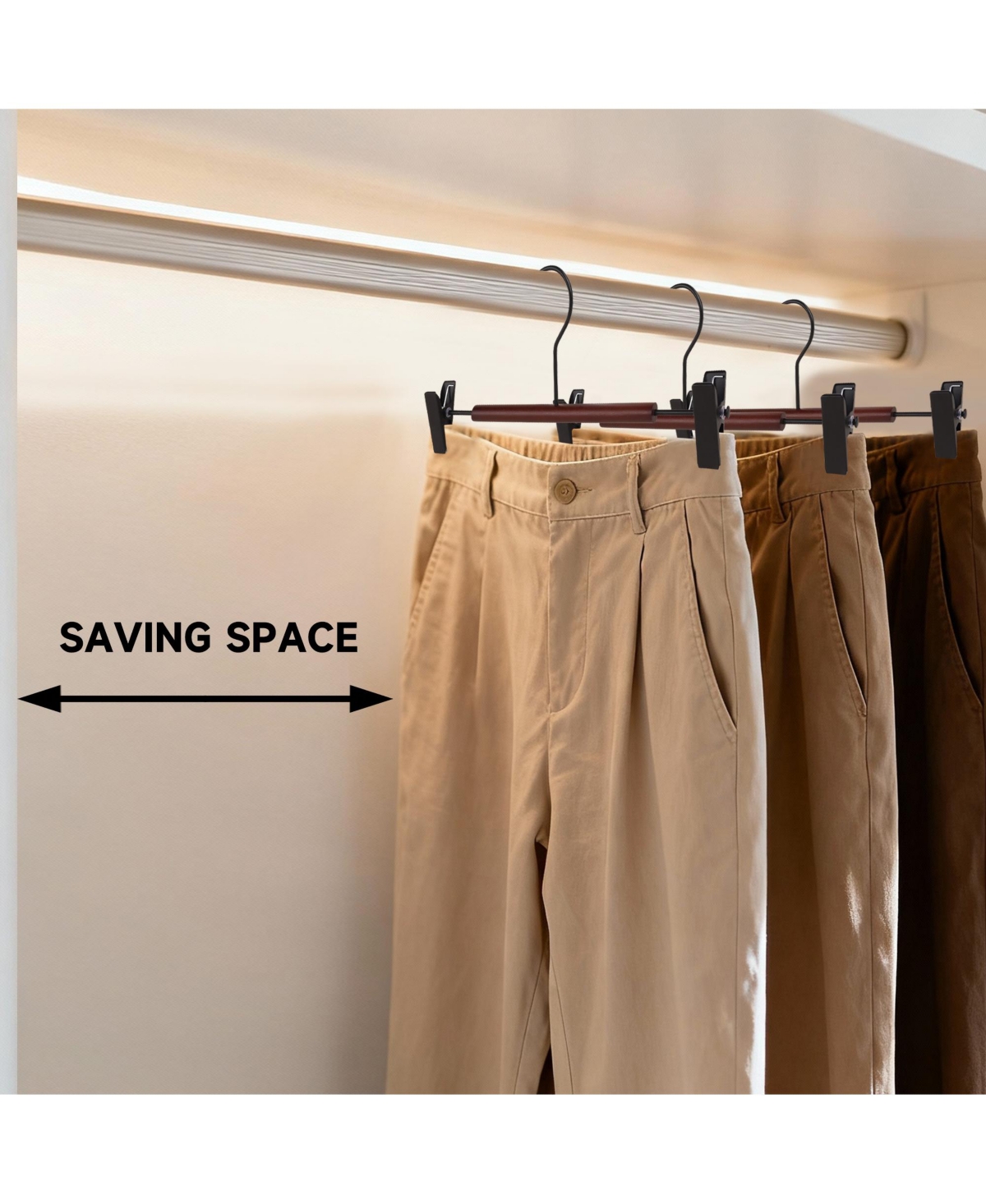 BP4U 12-Pack Metal Pants Hangers with Adjustable Clips, Premium Beech Wood Skirt Bottom for Trousers, Jeans, Shorts, Socks