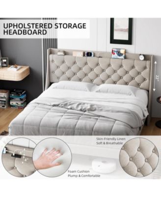 King Linen Upholstered Platform Bed Frame with Wingback Headboard Built-in Storage Shelf Power Outlets USB Ports Wood Slats Underbed Space