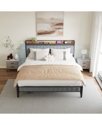 Bed Frame with Headboard Storage & Charging Station, Grey Upholstered Platform Bed with RGB LED Lights, Remote/APP Control
