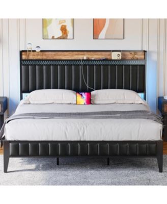 Queen Size Bed Frame with Storage Headboard, LED Platform Bed Frame with Charging Station, No Spring Box Need, Easy Assembly
