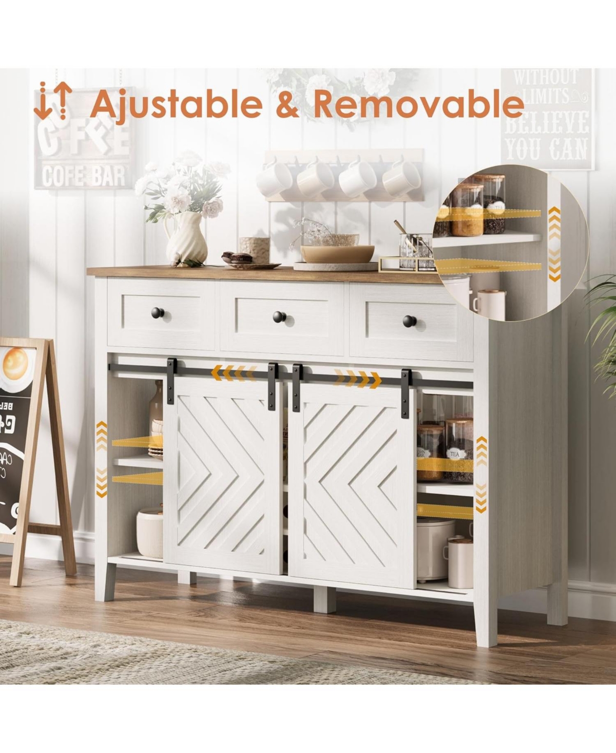 gaomon 47.2" Farmhouse Buffet Cabinet with Sliding Barn Door, 3 Drawers, Wine Rack & Adjustable Shelf