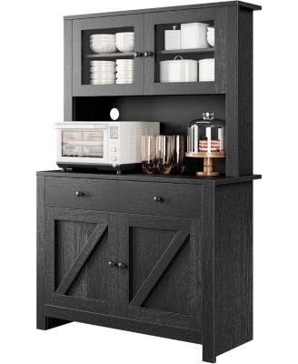 Kitchen Pantry Cabinet with Microwave Stand, Freestanding Hutch Storage Cupboard