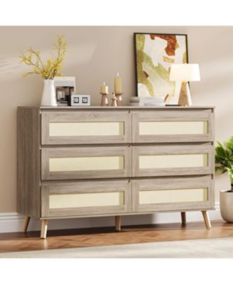 6-Drawer Wooden Dresser for Bedroom, Wide Boho Chest of Drawers with Rattan Fronts