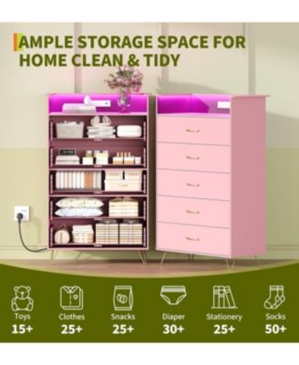 Tall 5-Drawer Dresser with RGB Lights & Charging Station, App-Controlled LED Wooden Chest for Bedroom, Pink