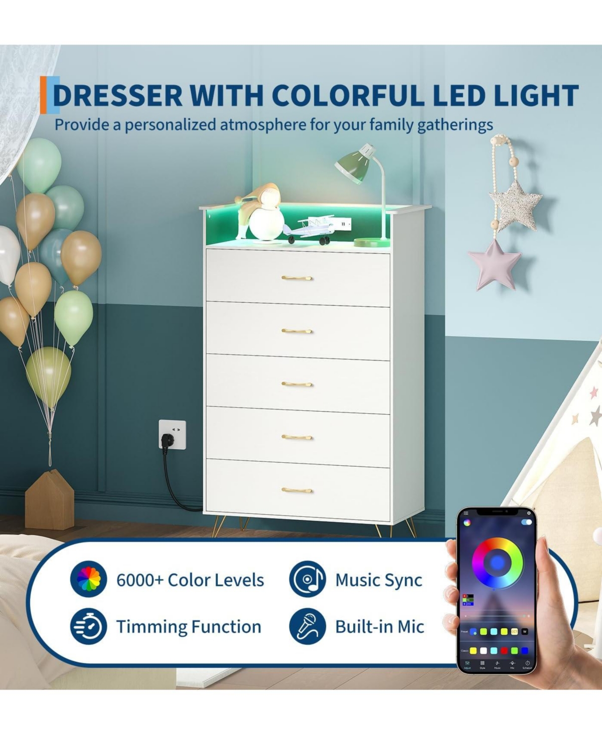 gaomon Modern 5-Drawer Tall Dresser for Bedroom, Wooden Chest with Silent Slides & Water-Resistant Finish